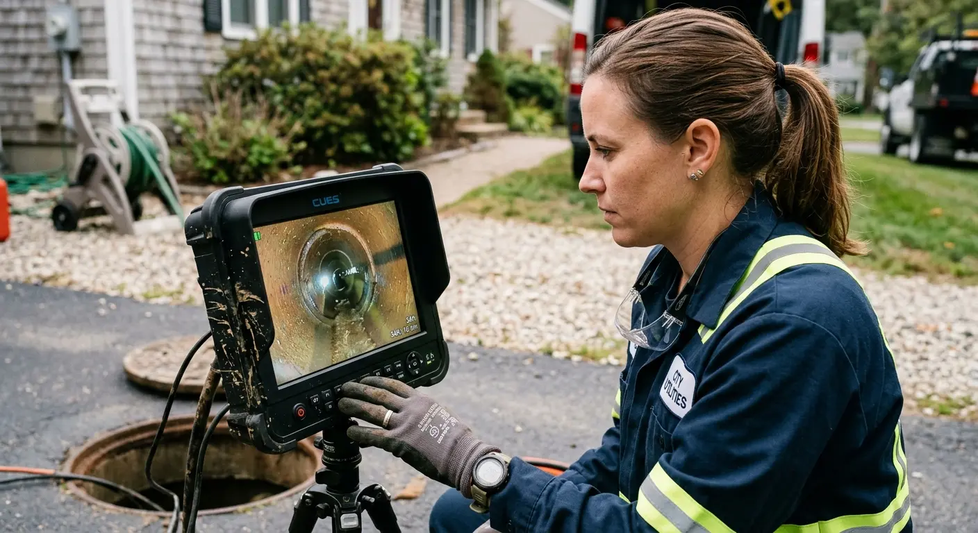 Technician reviewing sewer camera inspection footage in Swainsboro