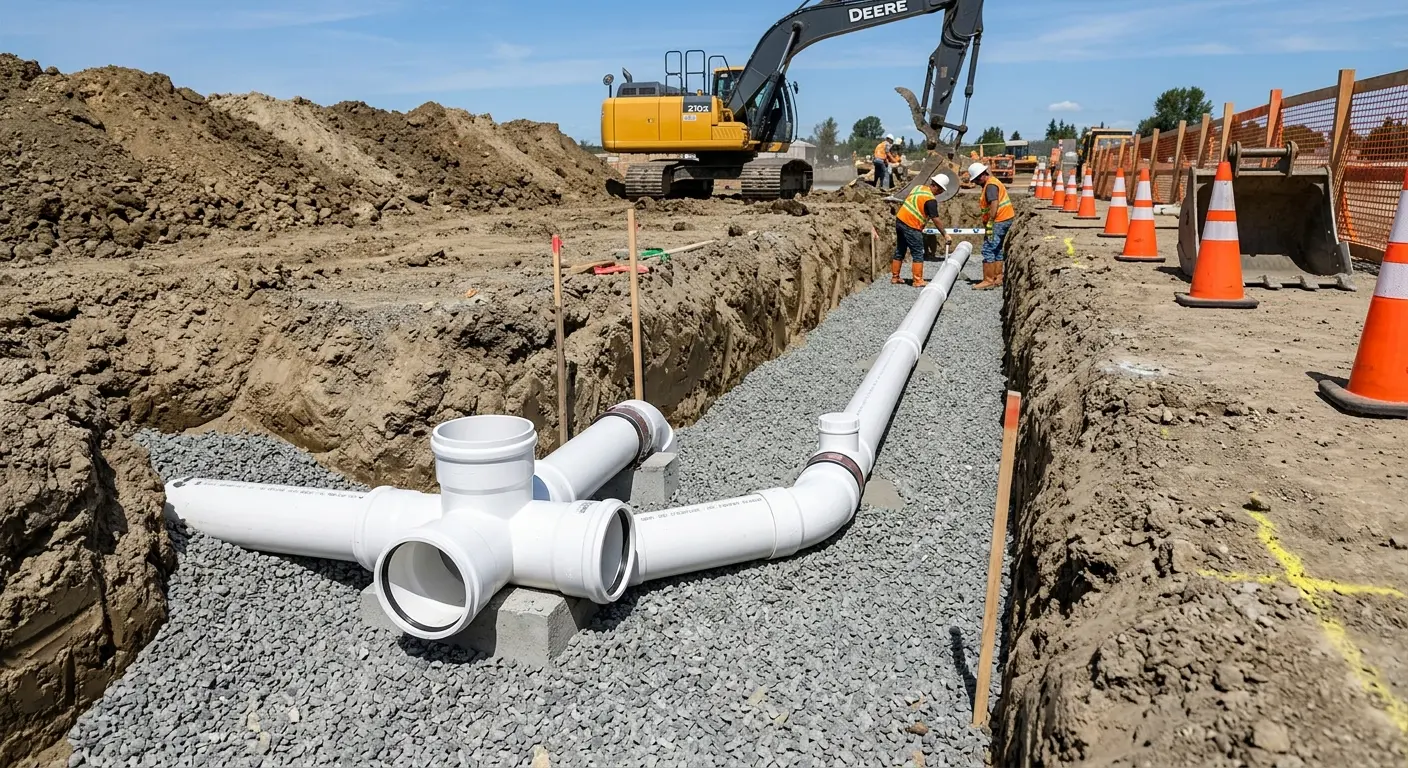 New PVC sewer pipe installation in open trench for Sewer Backup in Swainsboro