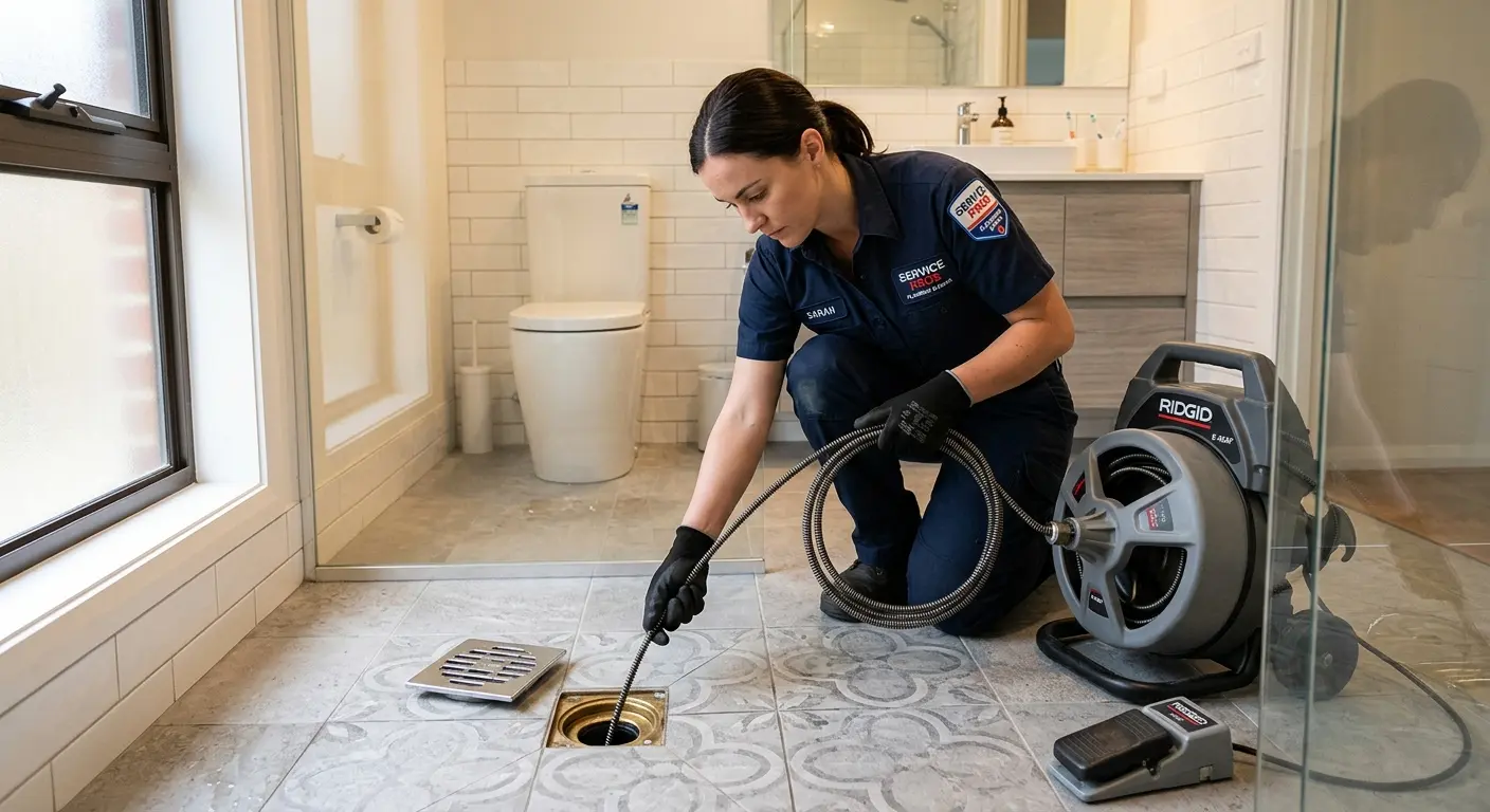 Technician clearing a bathroom floor drain for Drain Cleaning in Swainsboro